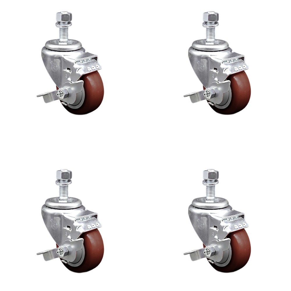 Stainless Steel Polyurethane Swivel Threaded Stem Caster Set of 4 w/3" x 1.25" Maroon Wheels and 12mm Stems - Includes 4 with Top Lock Brakes - 1200 lbs Total Capacity - Service Caster Brand — photo 1