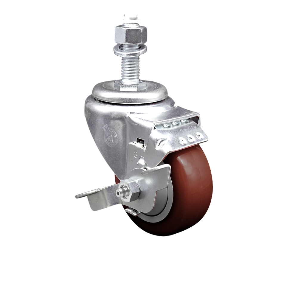 Stainless Steel Polyurethane Swivel Threaded Stem Caster w/3" x 1.25"  Maroon Wheel and 12mm Stem & Top Locking Brake - 300 lbs Capacity/Caster - Service Caster Brand — photo 1