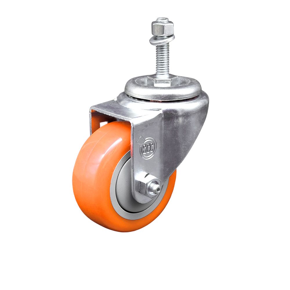Stainless Steel Polyurethane Swivel Threaded Stem Caster w/3" x 1.25" Orange Wheel and 10mm Stem - 300 lbs Capacity/Caster - Service Caster Brand — photo 1
