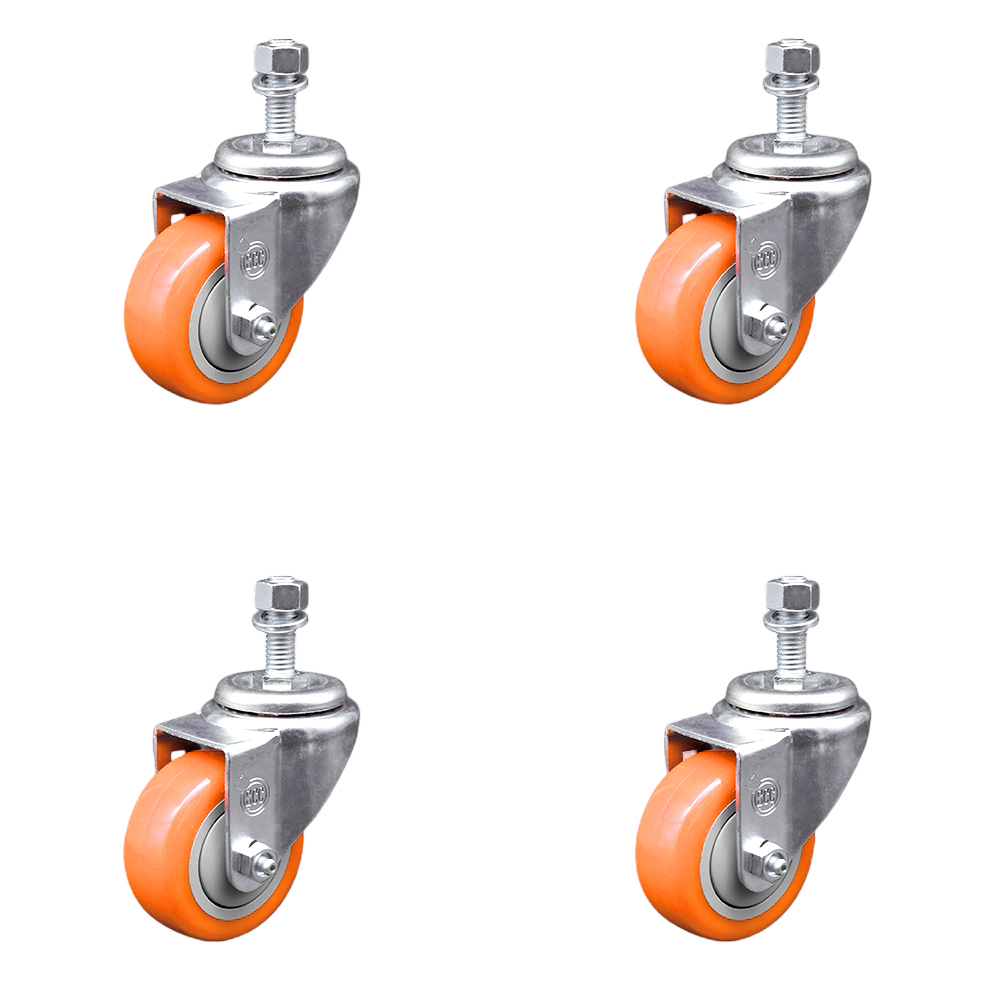 Stainless Steel Polyurethane Swivel Threaded Stem Caster Set of 4 w/3" x 1.25" Orange Wheels and 12mm Stems - Includes 4 Swivel - 1200 lbs Total Capacity - Service Caster Brand — photo 1