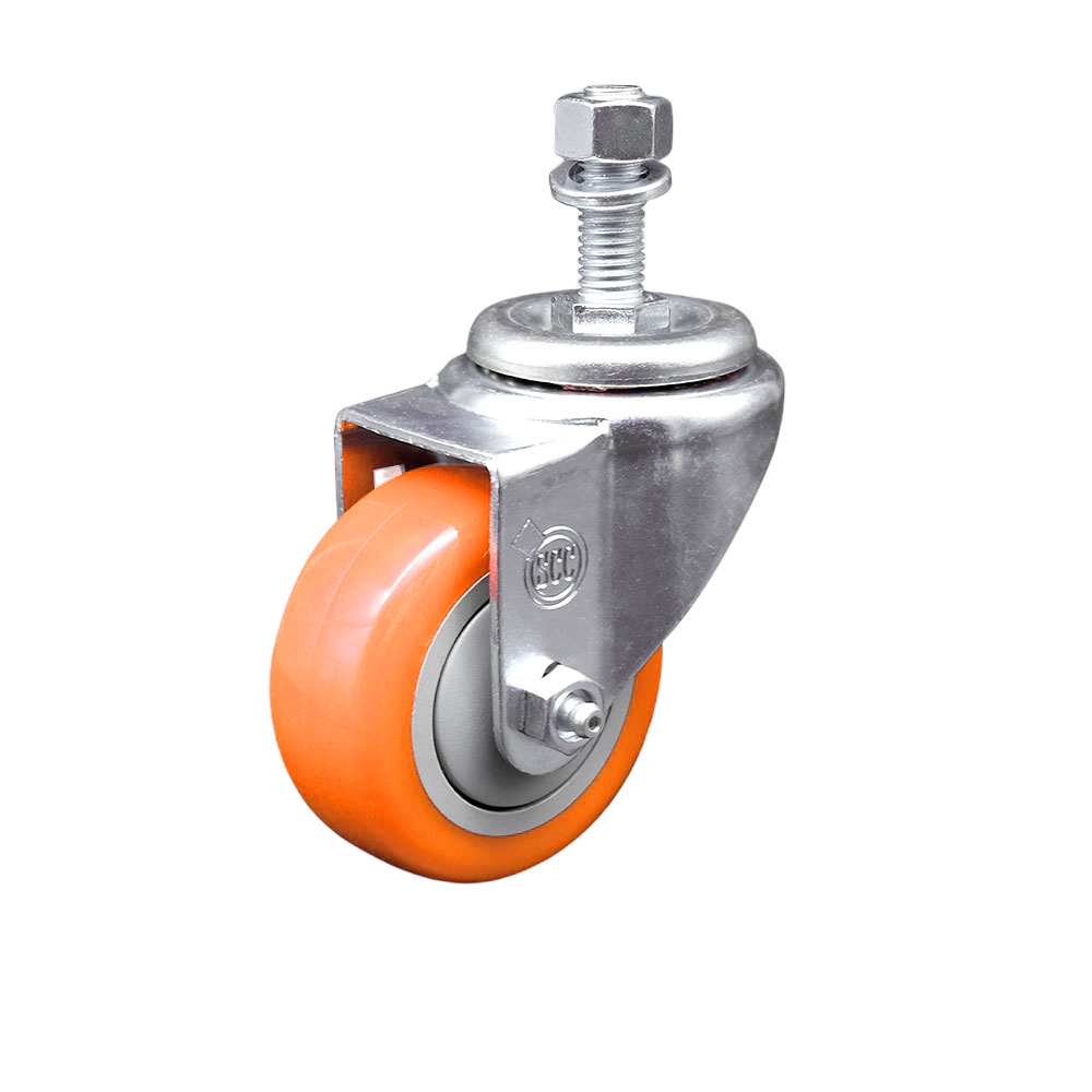 Stainless Steel Polyurethane Swivel Threaded Stem Caster w/3" x 1.25"  Orange Wheel and 12mm Stem - 300 lbs Capacity/Caster - Service Caster Brand — photo 1