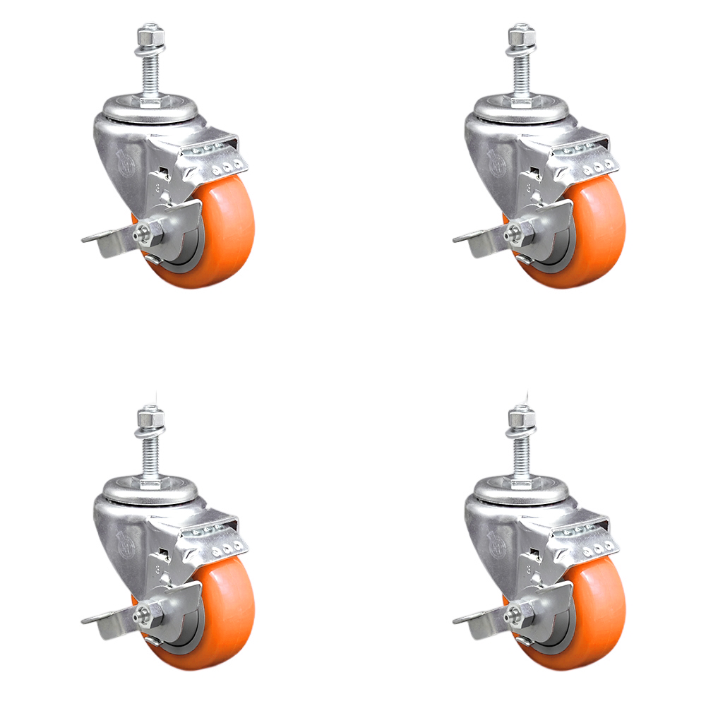 Stainless Steel Polyurethane Swivel Threaded Stem Caster Set of 4 w/3" x 1.25" Orange Wheels and 3/8" Stems - Includes 4 with Top Lock Brakes - 1200 lbs Total Capacity - Service Caster Brand — photo 1