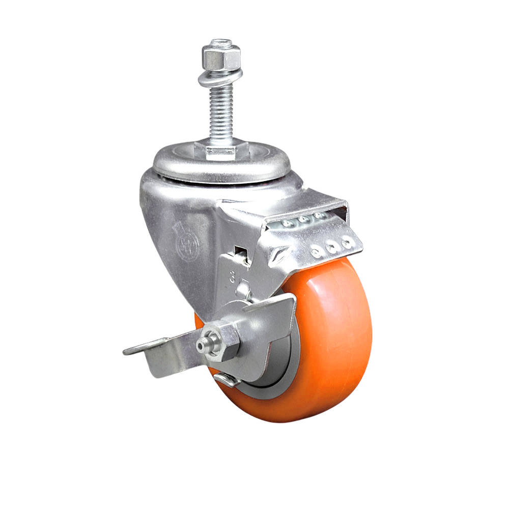Stainless Steel Polyurethane Swivel Threaded Stem Caster w/3" x 1.25"  Orange Wheel and 10mm Stem & Top Locking Brake - 300 lbs Capacity/Caster - Service Caster Brand — photo 1