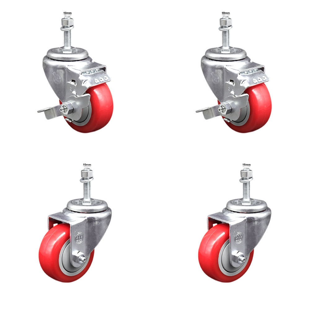 Stainless Steel Polyurethane Swivel Threaded Stem Caster Set of 4 w/3" x 1.25" Red Wheels and 10mm Stems - Includes 2 with Top Locking Brake - 1200 lbs Total Capacity - Service Caster Brand — photo 1