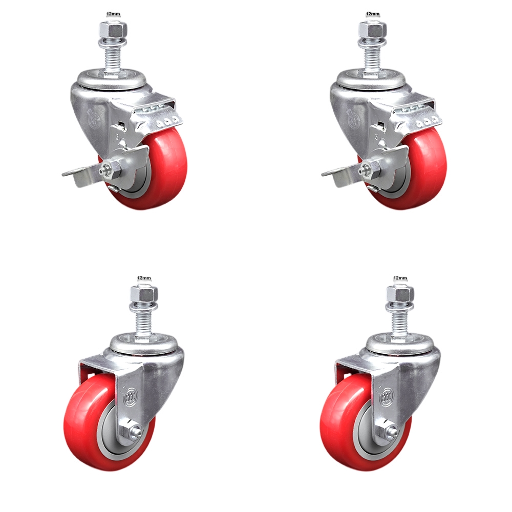 Stainless Steel Polyurethane Swivel Threaded Stem Caster Set of 4 w/3" x 1.25" Red Wheels and 12mm Stems - Includes 2 with Top Locking Brake - 1200 lbs Total Capacity - Service Caster Brand — photo 1