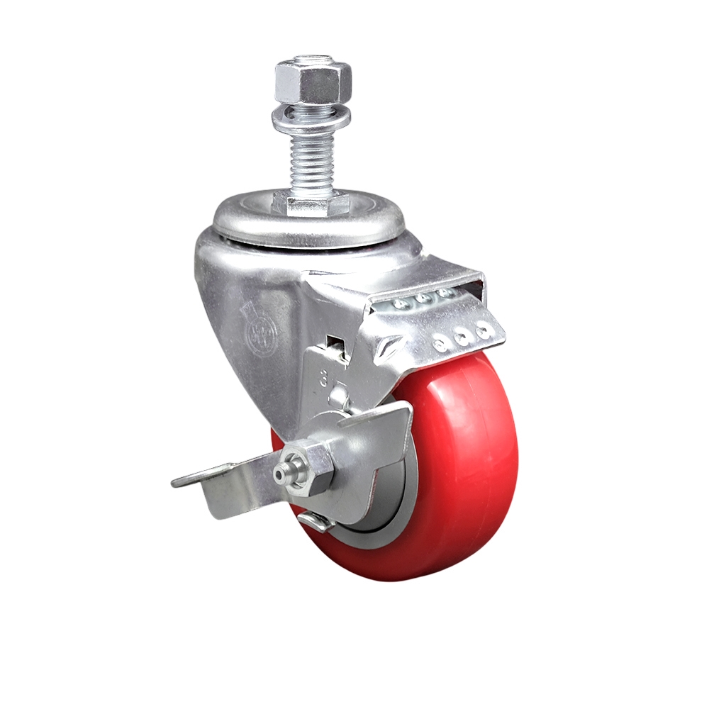 Stainless Steel Polyurethane Swivel Threaded Stem Caster w/3" x 1.25" Red Wheel and 12mm Stem & Top Locking Brake - 300 lbs Capacity/Caster - Service Caster Brand — photo 1