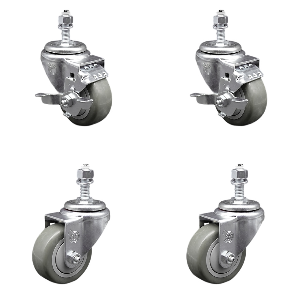Stainless Steel Polyurethane Swivel Threaded Stem Caster Set of 4 w/3" x 1.25" Gray Wheels and 1/2" Stems - Includes 2 with Top Locking Brake - 1200 lbs Total Capacity - Service Caster Brand — photo 1
