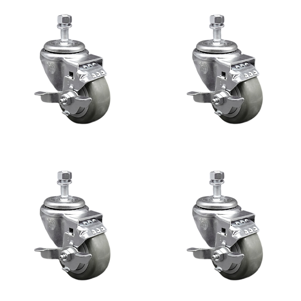 Stainless Steel Polyurethane Swivel Threaded Stem Caster Set of 4 w/3" x 1.25" Gray Wheels and 1/2" Stems - Includes 4 with Top Lock Brakes - 1200 lbs Total Capacity - Service Caster Brand — photo 1