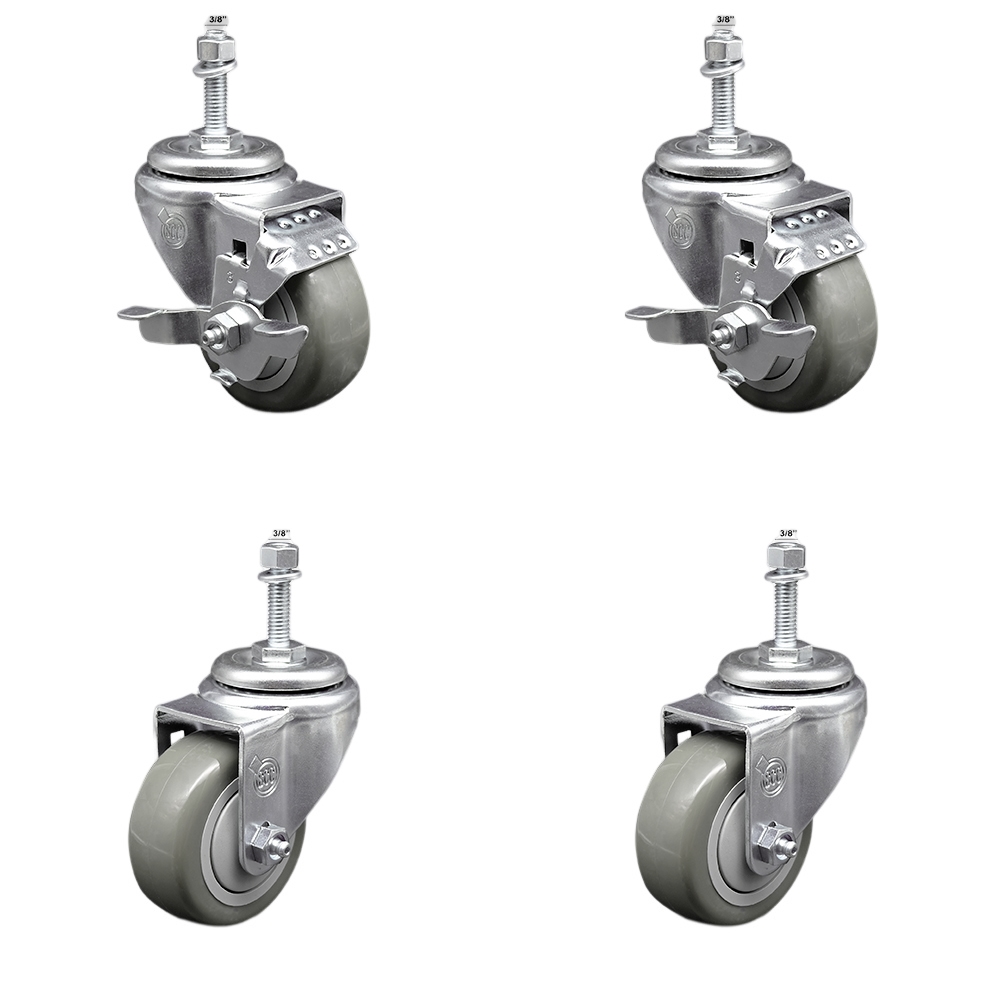 Stainless Steel Polyurethane Swivel Threaded Stem Caster Set of 4 w/3" x 1.25" Gray Wheels and 3/8" Stems - Includes 2 with Top Locking Brake - 1200 lbs Total Capacity - Service Caster Brand — photo 1