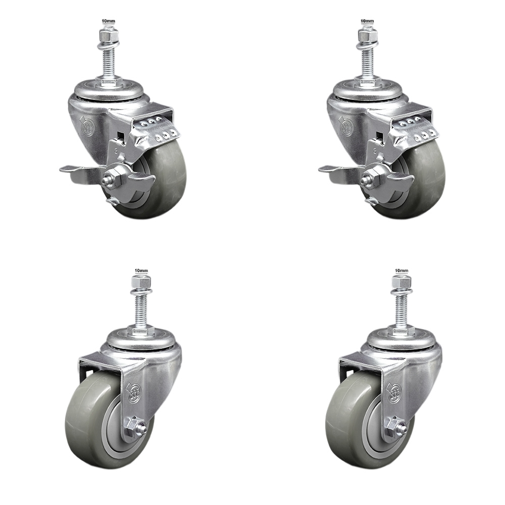 Stainless Steel Polyurethane Swivel Threaded Stem Caster Set of 4 w/3" x 1.25" Orange Wheels and 10mm Stems - Includes 2 with Top Locking Brake - 1200 lbs Total Capacity - Service Caster Brand — photo 1
