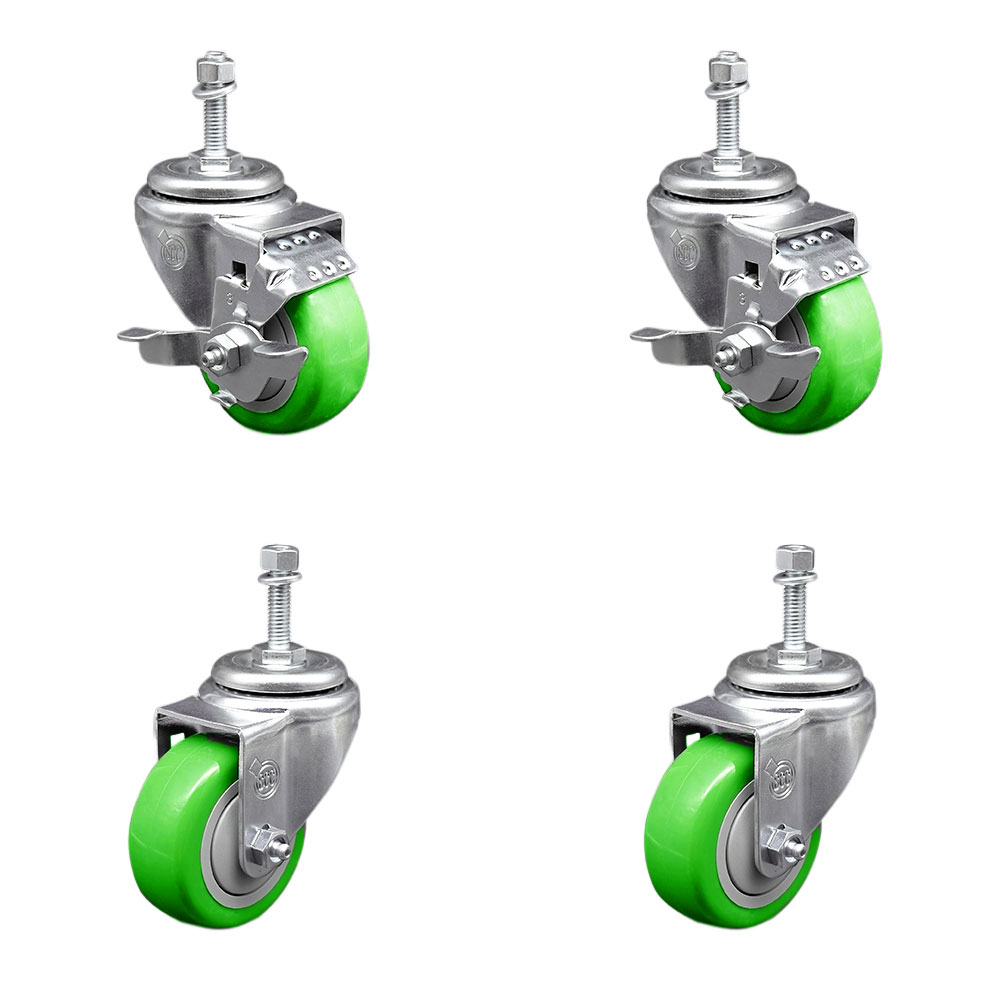 Stainless Steel Polyurethane Swivel Threaded Stem Caster Set of 4 w/3" x 1.25" Green Wheels and 10mm Stems - Includes 2 with Top Locking Brake - 1200 lbs Total Capacity - Service Caster Brand — photo 1