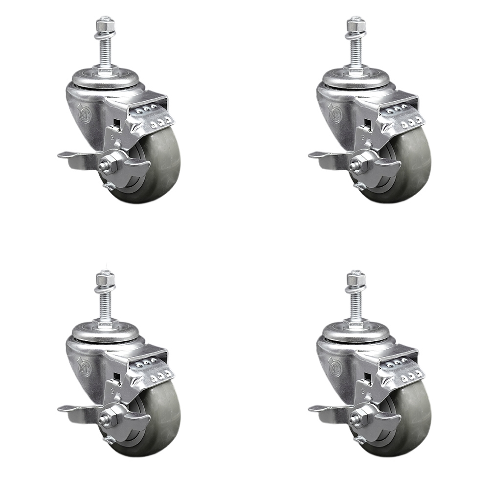 Stainless Steel Polyurethane Swivel Threaded Stem Caster Set of 4 w/3" x 1.25" Gray Wheels and 10mm Stems - Includes 4 with Top Lock Brakes - 1200 lbs Total Capacity - Service Caster Brand — photo 1
