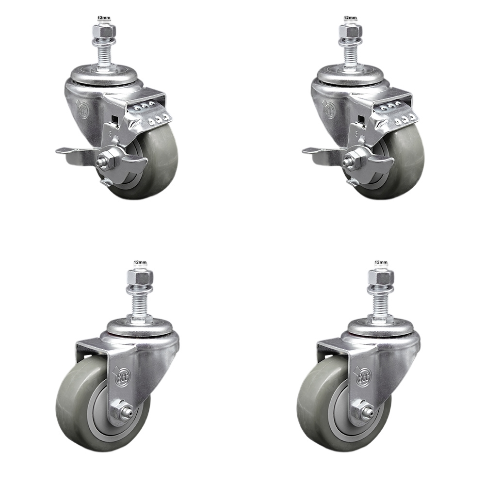 Stainless Steel Polyurethane Swivel Threaded Stem Caster Set of 4 w/3" x 1.25" Orange Wheels and 12mm Stems - Includes 2 with Top Locking Brake - 1200 lbs Total Capacity - Service Caster Brand — photo 1