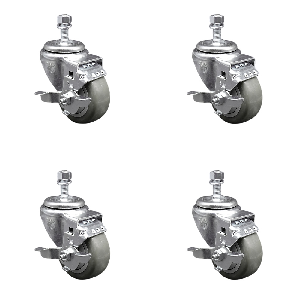 Stainless Steel Polyurethane Swivel Threaded Stem Caster Set of 4 w/3" x 1.25" Gray Wheels and 12mm Stems - Includes 4 with Top Lock Brakes - 1200 lbs Total Capacity - Service Caster Brand — photo 1