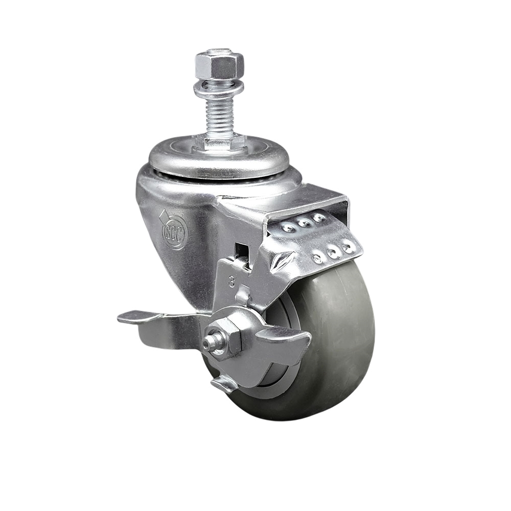 Stainless Steel Polyurethane Swivel Threaded Stem Caster w/3" x 1.25"  Gray Wheel and 12mm Stem & Top Locking Brake - 300 lbs Capacity/Caster - Service Caster Brand — photo 1