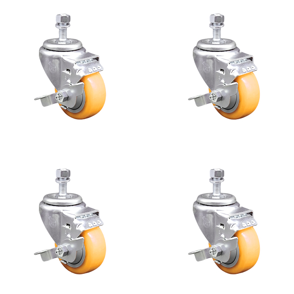 Stainless Steel Polyurethane Swivel Threaded Stem Caster Set of 4 w/3" x 1.25" Yellow Wheels and 1/2" Stems - Includes 4 with Top Lock Brakes - 1200 lbs Total Capacity - Service Caster Brand — photo 1