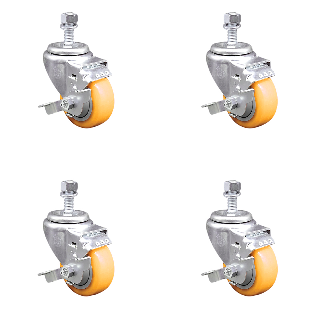 Stainless Steel Polyurethane Swivel Threaded Stem Caster Set of 4 w/3" x 1.25" Yellow Wheels and 12mm Stems - Includes 4 with Top Lock Brakes - 1200 lbs Total Capacity - Service Caster Brand — photo 1