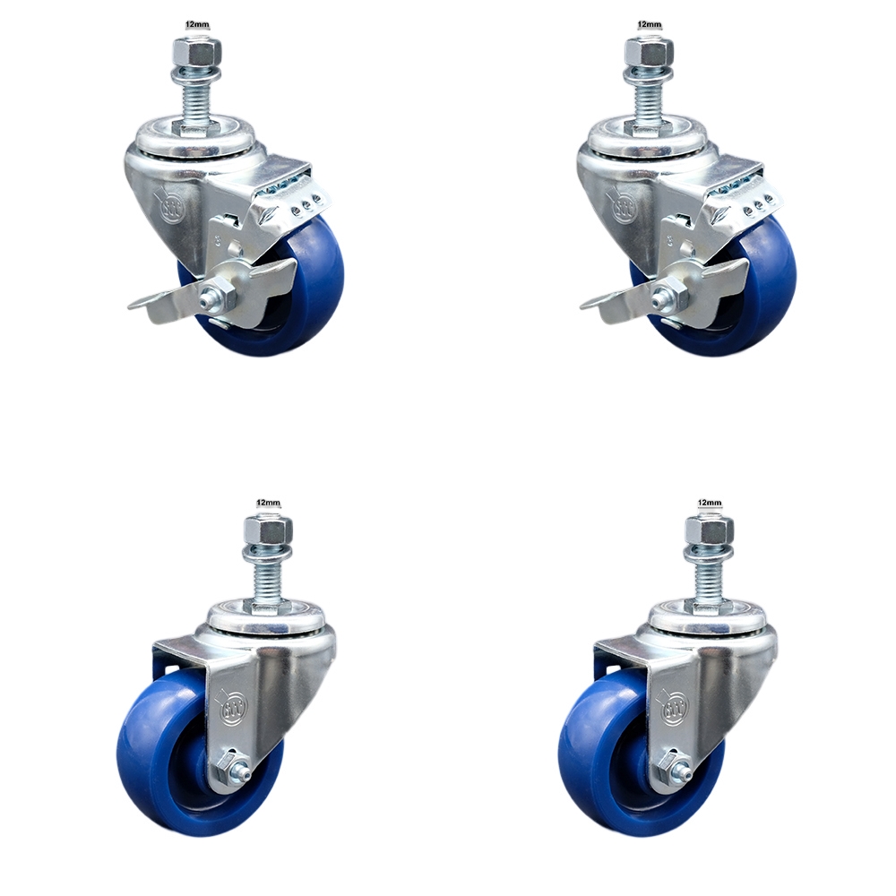 Stainless Steel Solid Polyurethane Swivel Threaded Stem Caster Set 4 w/3" x 1.25" Blue Wheels and 12MM Metric Stems - Includes 2 with Top Locking Brake - 1200 lbs Total Capacity - Service Caster Brand — photo 1