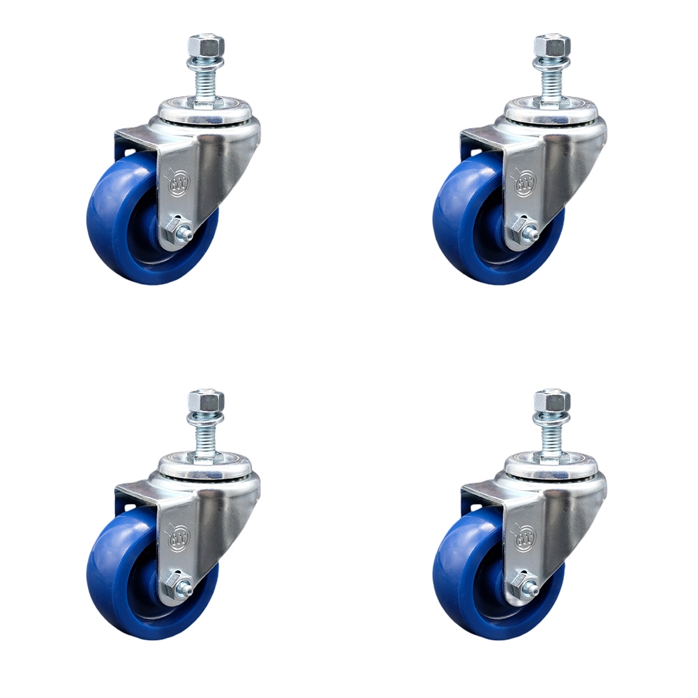 Stainless Steel Solid Polyurethane Swivel Threaded Stem Caster Set of 4 w/3" x 1.25" Blue Wheels and 12mm Stems - Includes 4 Swivel - 1200 lbs Total Capacity - Service Caster Brand — photo 1