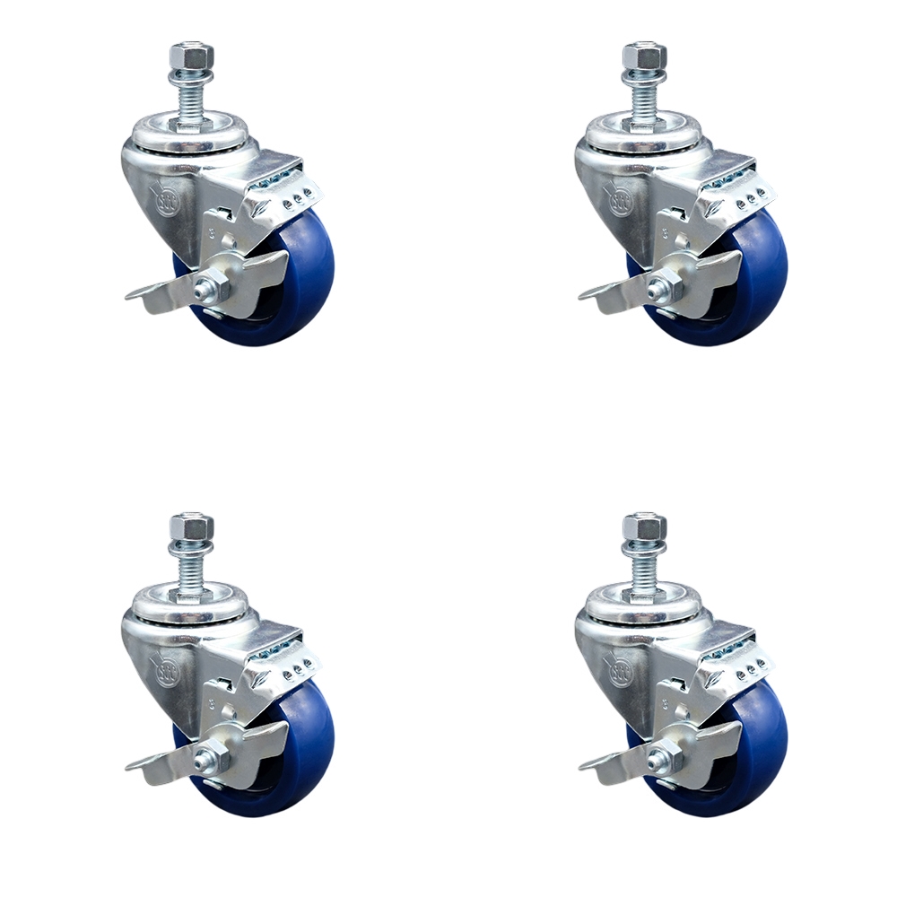Stainless Steel Solid Polyurethane Swivel Threaded Stem Caster Set of 4 w/3" x 1.25" Blue Wheels and 3/8" Stems - Includes 4 with Top Lock Brakes - 1200 lbs Total Capacity - Service Caster Brand — photo 1
