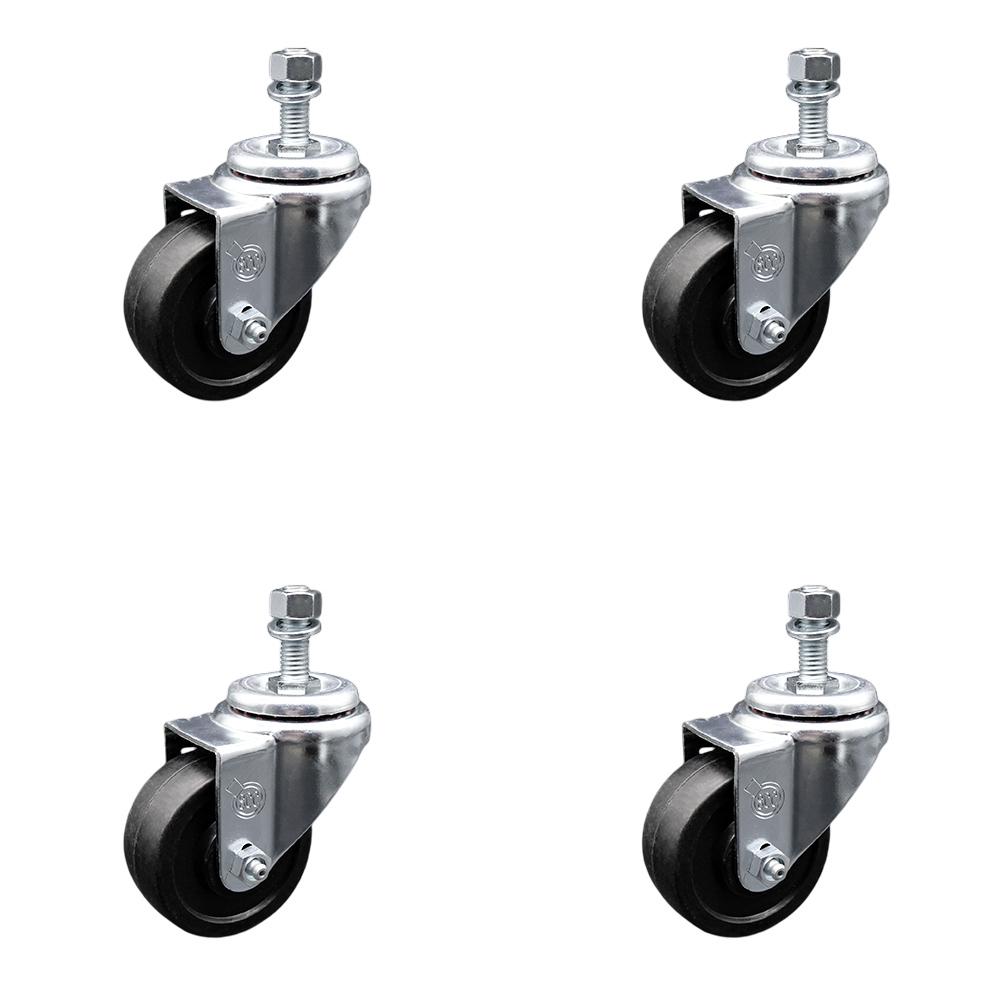 Stainless Steel Soft Rubber Swivel Threaded Stem Caster Set of 4 w/3" x 1.25" Black Wheels and 1/2" Stems - Includes 4 Swivel - 700 lbs Total Capacity - Service Caster Brand — photo 1