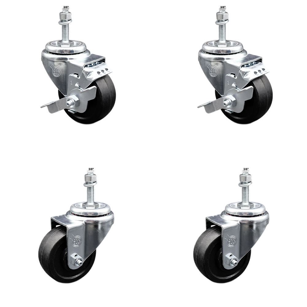 Stainless Steel Soft Rubber Swivel Threaded Stem Caster Set of 4 w/3" x 1.25" Black Wheels and 3/8" Stems - Includes 2 with Top Locking Brake - 700 lbs Total Capacity - Service Caster Brand — photo 1