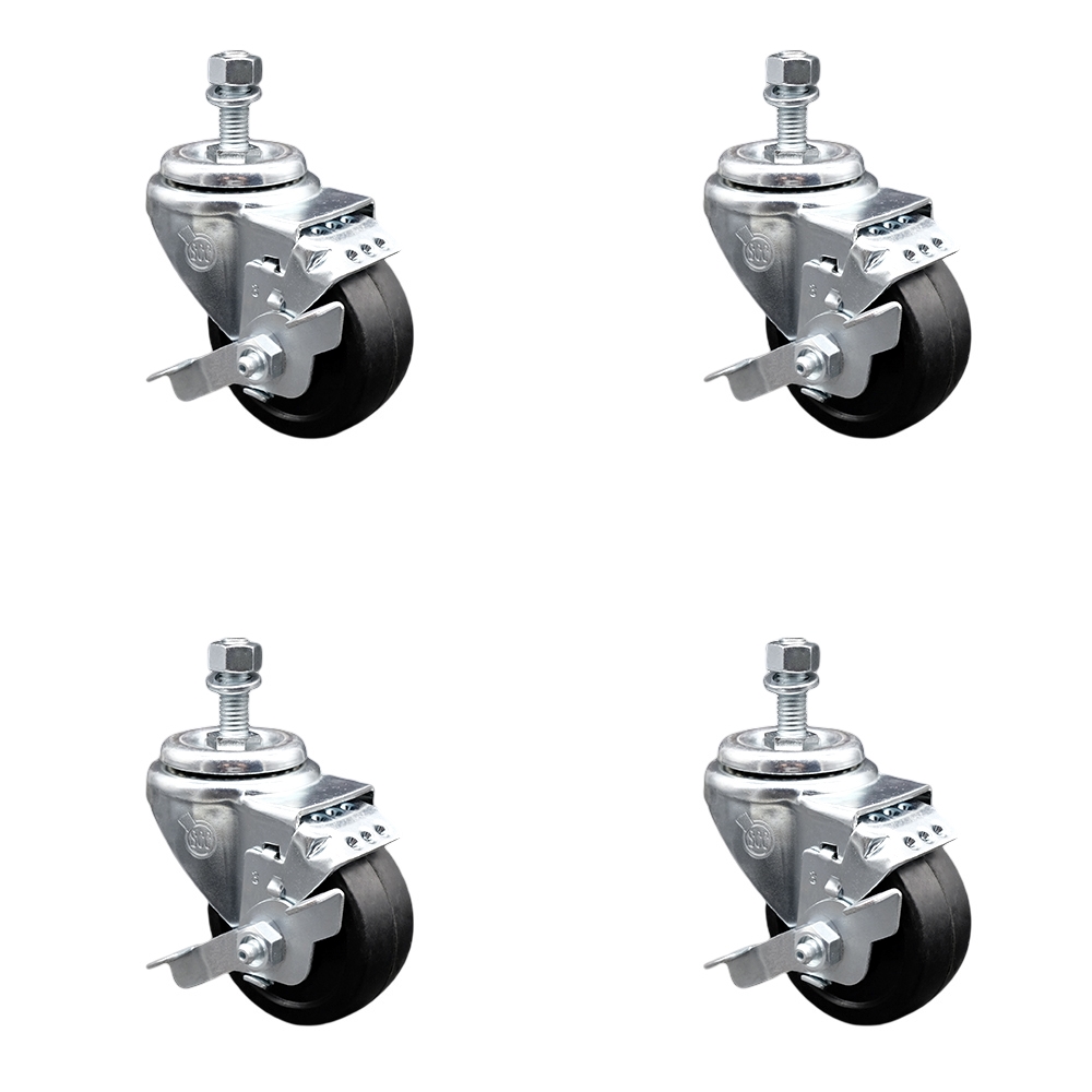 Stainless Steel Soft Rubber Swivel Threaded Stem Caster Set of 4 w/3" x 1.25" Black Wheels and 1/2" Stems - Includes 4 with Top Lock Brakes - 700 lbs Total Capacity - Service Caster Brand — photo 1