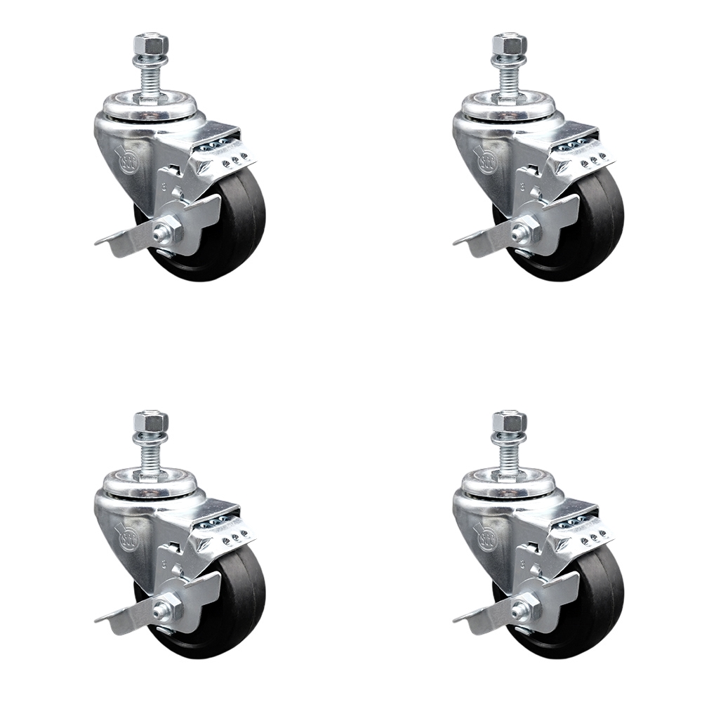 Stainless Steel Soft Rubber Swivel Threaded Stem Caster Set of 4 w/3" x 1.25" Black Wheels and 3/8" Stems - Includes 4 with Top Lock Brakes - 700 lbs Total Capacity - Service Caster Brand — photo 1