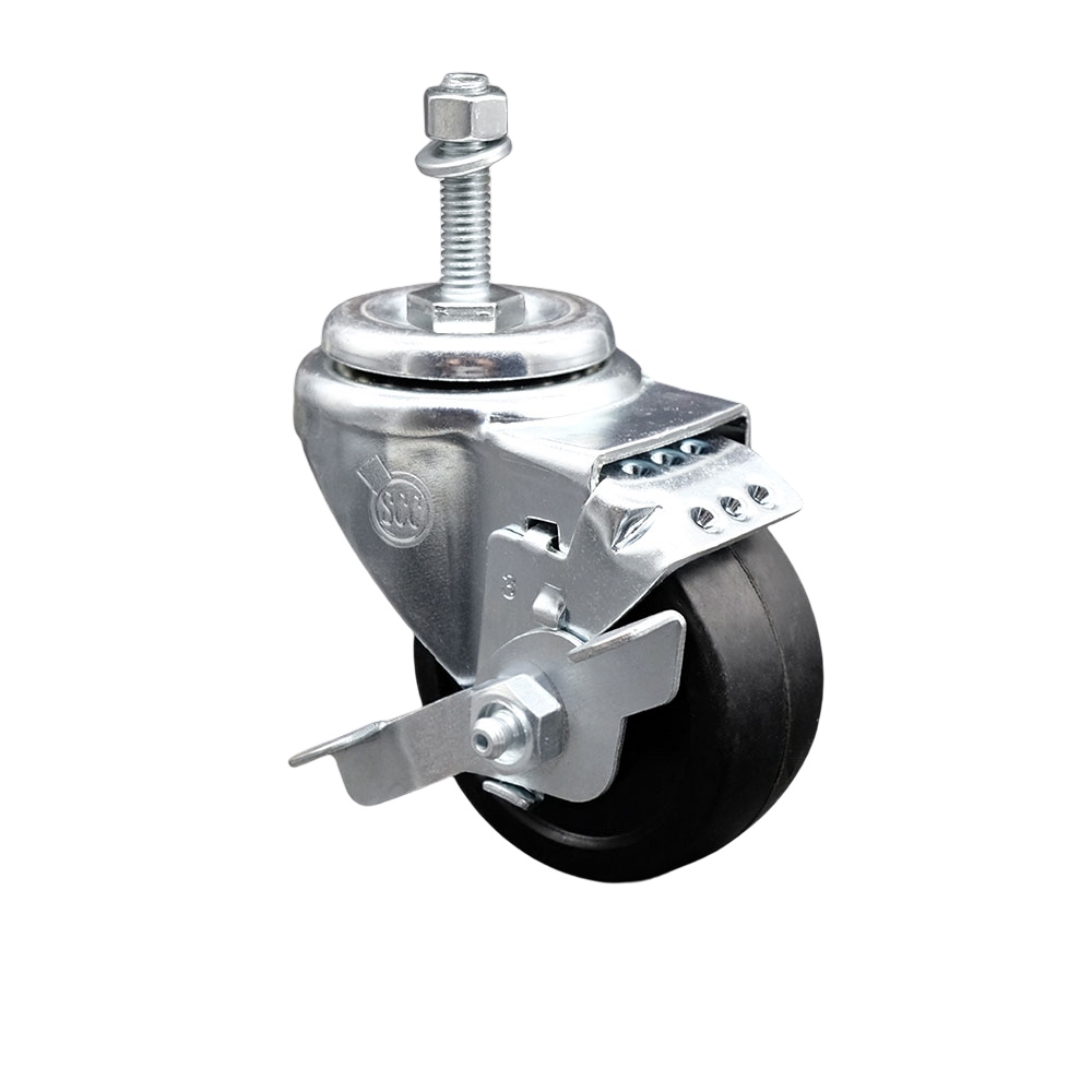 Stainless Steel Soft Rubber Swivel Threaded Stem Caster w/3" x 1.25" Black Wheel and 3/8" Stem & Top Locking Brake - 175 lbs Capacity/Caster - Service Caster Brand — photo 1