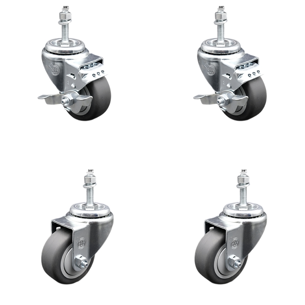 Stainless Steel Thermoplastic Rubber Swivel Threaded Stem Caster Set of 4 - 3" x 1.25" Gray Wheels and 3/8" Stems - Includes 2 with Top Locking Brake - 840 lbs Total Capacity - Service Caster Brand — photo 1