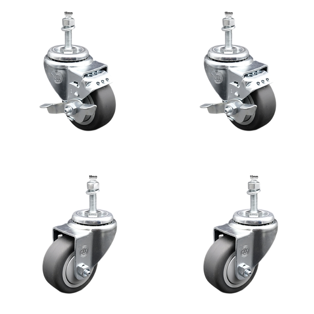 Stainless Steel Thermoplastic Rubber Swivel Threaded Stem Caster Set of 4 - 3" x 1.25" Gray Wheels and 10MM Metric Stems- Includes 2 with Top Locking Brake-840 lbs Total Capacity-Service Caster Brand — photo 1
