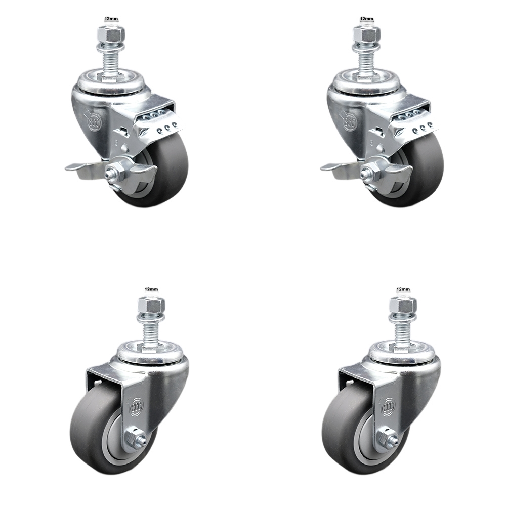 Stainless Steel Thermoplastic Rubber Swivel Threaded Stem Caster Set of 4 - 3" x 1.25" Gray Wheels and 12MM Metric Stems- Includes 2 with Top Locking Brake-840 lbs Total Capacity-Service Caster Brand — photo 1