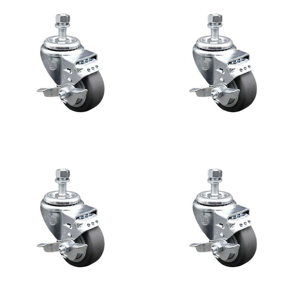 Stainless Steel Thermoplastic Rubber Swivel Threaded Stem Caster Set of 4 w/3" x 1.25" Gray Wheels and 3/8" Stems - Includes 4 with Top Lock Brakes - 840 lbs Total Capacity - Service Caster Brand — photo 1