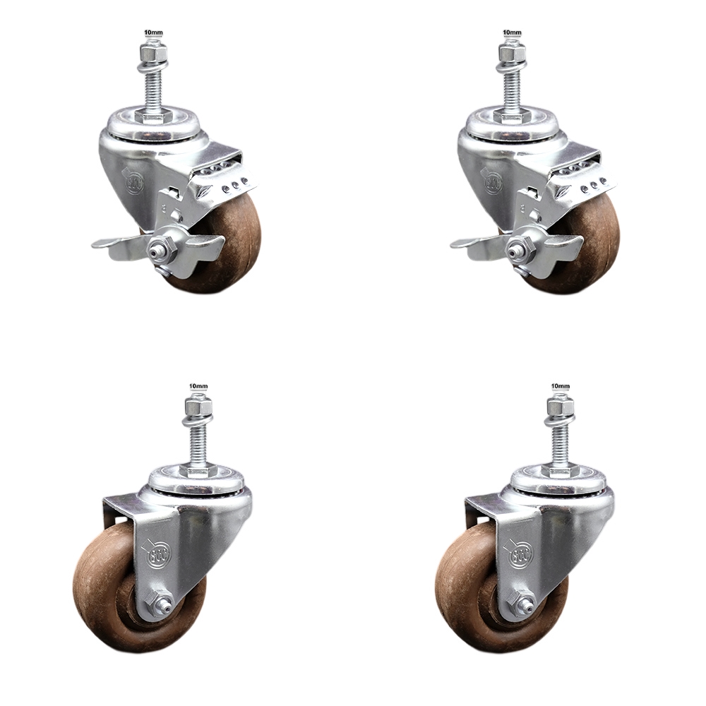 Stainless Steel High Temp Glass Filled Nylon Swivel Threaded Stem Caster Set 4 w/3.5" x 1.25" Brown Wheels & 10MM Metric Stems-Includes 2 w/Top Locking BRK-1400 lbs Total Capacity-Service Caster Brand — photo 1
