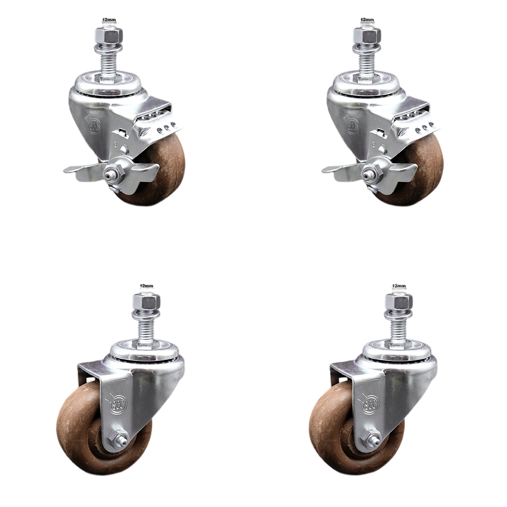 Stainless Steel High Temp Glass Filled Nylon Swivel Threaded Stem Caster Set 4 w/3.5" x 1.25" Brown Wheels&12MM Metric Stems-Includes 2 w/Top Locking Brake-1400 lbs Total Capacity-Service Caster Brand — photo 1