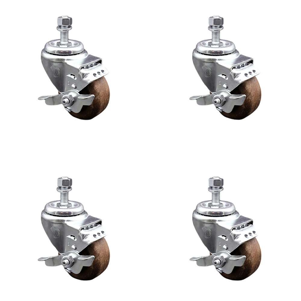 Stainless Steel High Temp Glass Filled Nylon Swivel Threaded Stem Caster Set of 4 w/3.5" x 1.25" Brown Wheels & 1/2" Stems- Includes 4 with Top Lock Brakes-1400 lbs Total Capacity-Service Caster Brand — photo 1