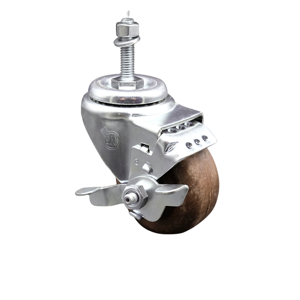 Stainless Steel High Temp Glass Filled Nylon Swivel Threaded Stem Caster w/3.5" x 1.25" Brown Wheel and 3/8" Stem & Top Locking Brake - 350 lbs Capacity/Caster - Service Caster Brand — photo 1