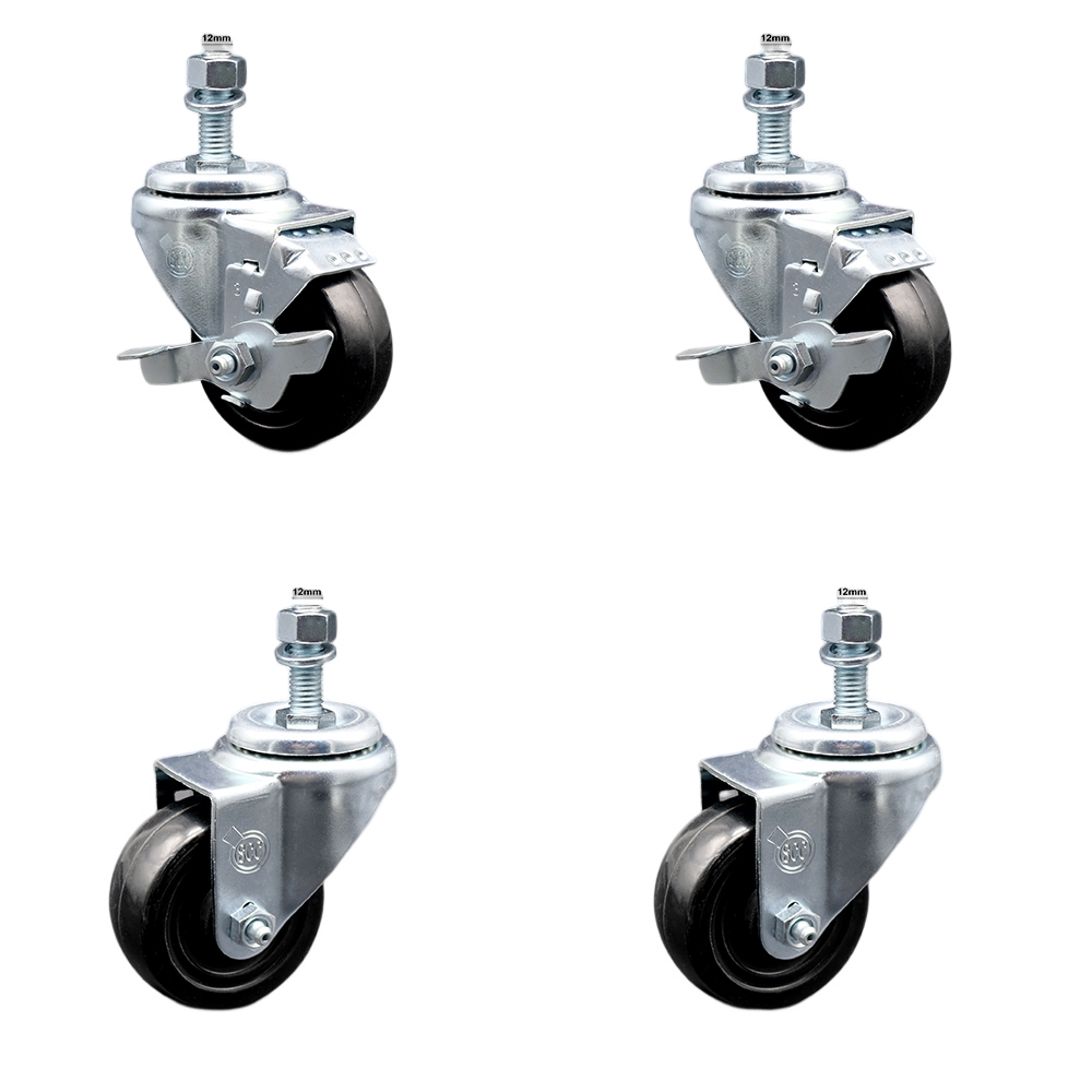 Stainless Steel Hard Rubber Swivel Threaded Stem Caster Set of 4 w/3.5" x 1.25" Black Wheels and 12MM Metric Stems - Includes 2 with Top Locking Brake - 1100 lbs Total Capacity - Service Caster Brand — photo 1