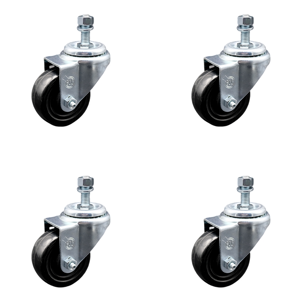 Stainless Steel Hard Rubber Swivel Threaded Stem Caster Set of 4 w/3.5" x 1.25" Black Wheels and 12mm Stems - Includes 4 Swivel - 1140 lbs Total Capacity - Service Caster Brand — photo 1