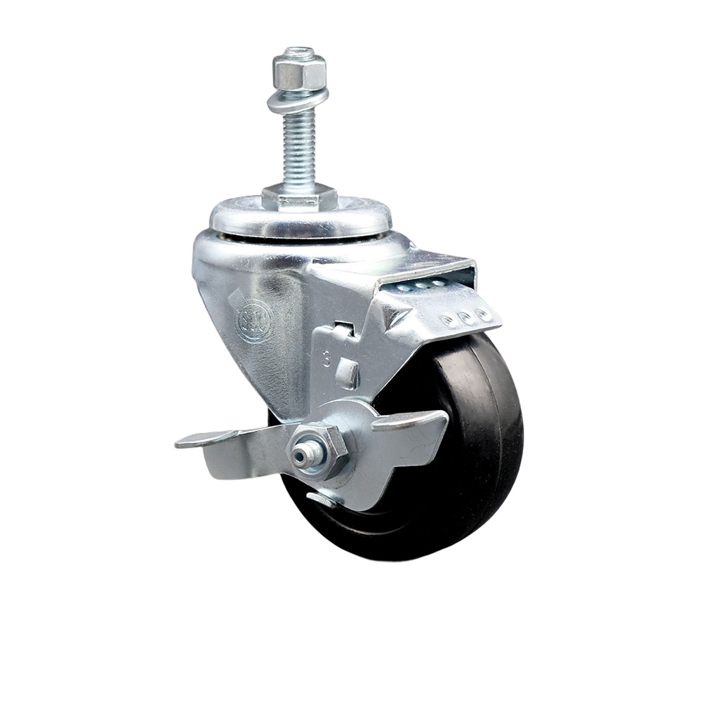 Stainless Steel Hard Rubber Swivel Threaded Stem Caster w/3.5" x 1.25" Black Wheel and 3/8" Stem & Top Locking Brake - 285 lbs Capacity/Caster - Service Caster Brand — photo 1