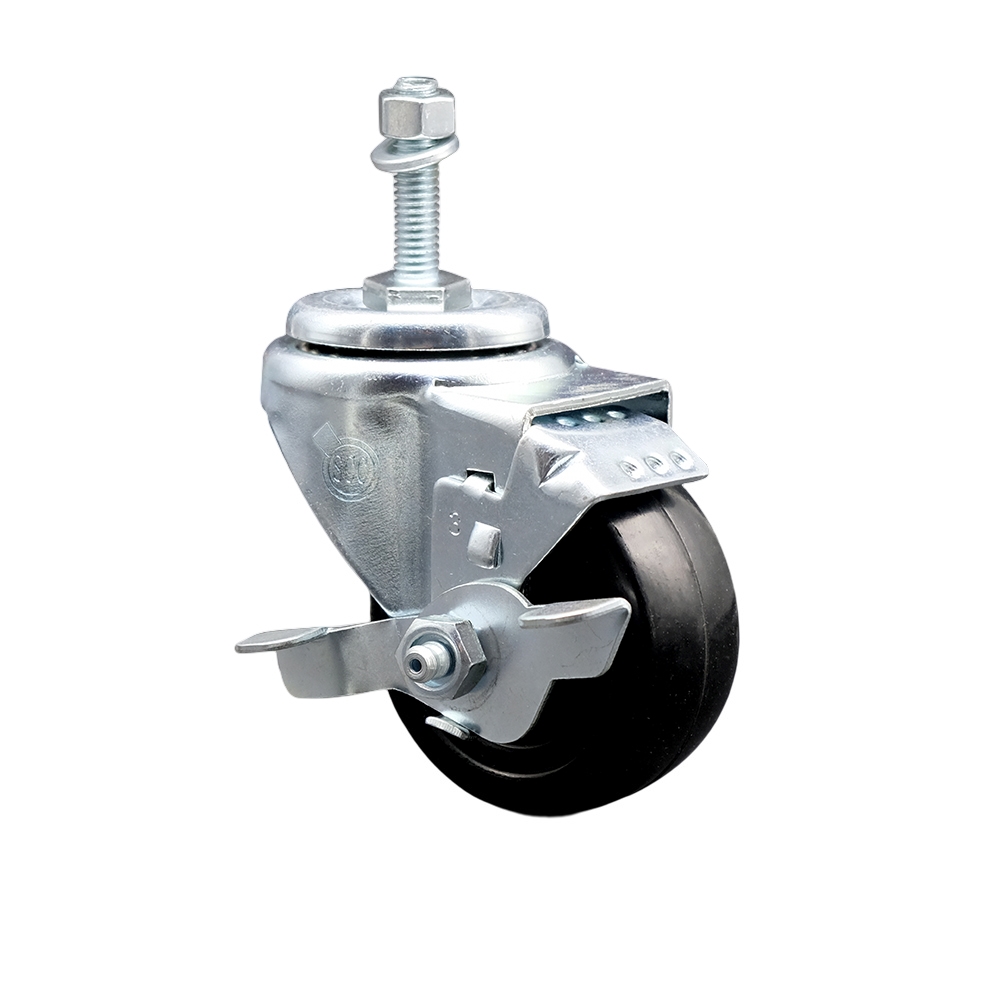 Stainless Steel Hard Rubber Swivel Threaded Stem Caster w/3.5" x 1.25" Black Wheel and 10MM Metric Stem & Top Locking Brake - 285 lbs Capacity/Caster - Service Caster Brand — photo 1