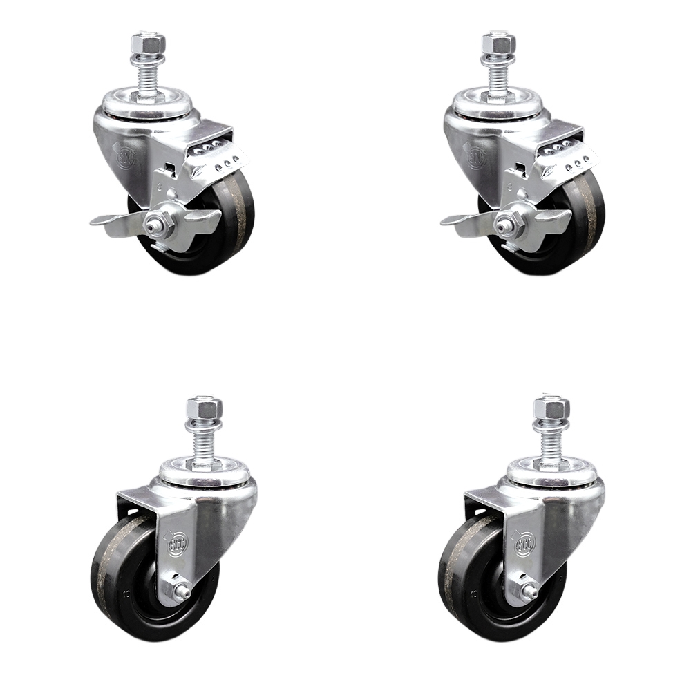 Stainless Steel Phenolic Swivel Threaded Stem Caster Set of 4 w/3.5" x 1.25" Black Wheels and 1/2" Stems - Includes 2 with Top Locking Brake - 1200 lbs Total Capacity - Service Caster Brand — photo 1