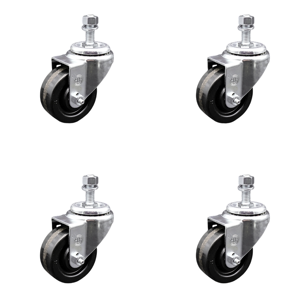 Stainless Steel Phenolic Swivel Threaded Stem Caster Set of 4 w/3.5" x 1.25" Black Wheels and 1/2" Stems - Includes 4 Swivel - 1200 lbs Total Capacity - Service Caster Brand — photo 1