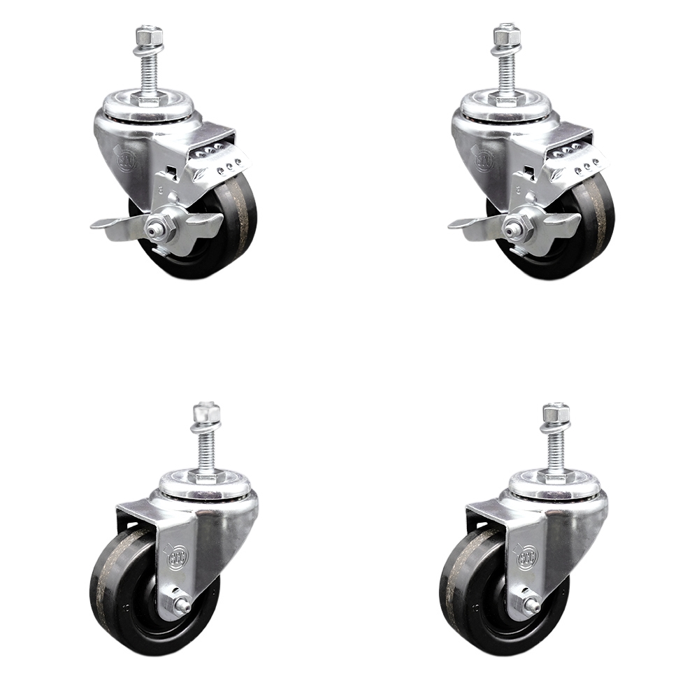 Stainless Steel Phenolic Swivel Threaded Stem Caster Set of 4 w/3.5" x 1.25" Black Wheels and 3/8" Stems - Includes 2 with Top Locking Brake - 1200 lbs Total Capacity - Service Caster Brand — photo 1