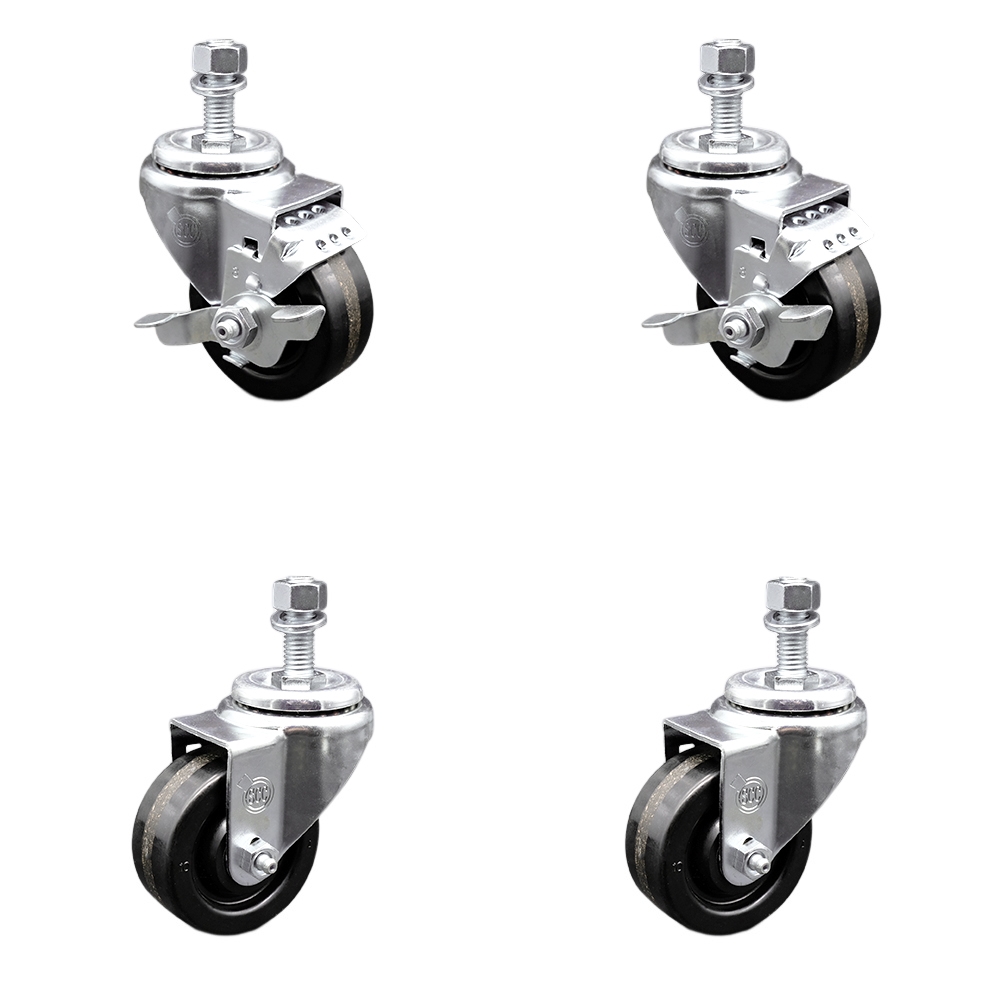 Stainless Steel Phenolic Swivel Threaded Stem Caster Set of 4 w/3.5" x 1.25" Black Wheels and 12MM Metric Stems - Includes 2 with Top Locking Brake - 1200 lbs Total Capacity - Service Caster Brand — photo 1