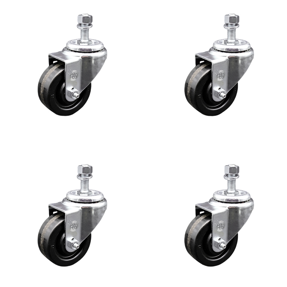 Stainless Steel Phenolic Swivel Threaded Stem Caster Set of 4 w/3.5" x 1.25" Black Wheels and 12mm Stems - Includes 4 Swivel - 1200 lbs Total Capacity - Service Caster Brand — photo 1