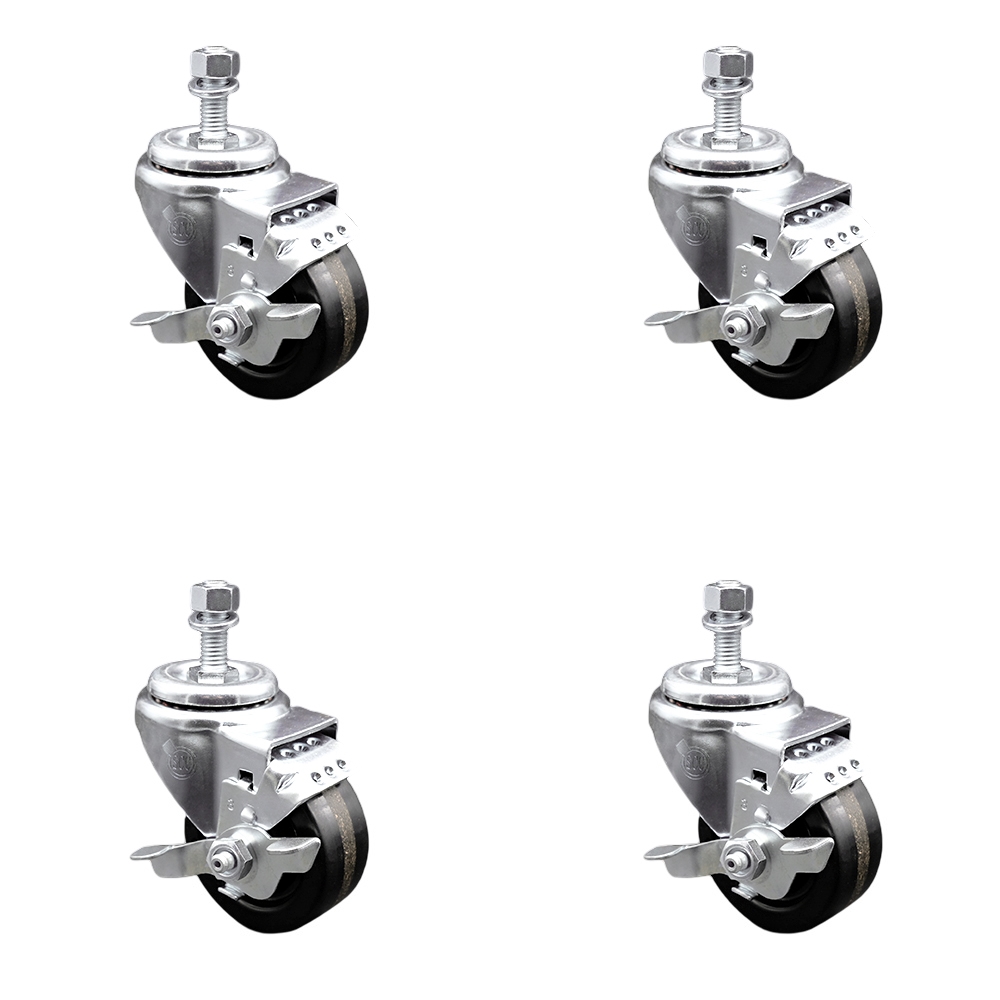 Stainless Steel Phenolic Swivel Threaded Stem Caster Set of 4 w/3.5" x 1.25" Black Wheels and 1/2" Stems - Includes 4 with Top Lock Brakes - 1200 lbs Total Capacity - Service Caster Brand — photo 1