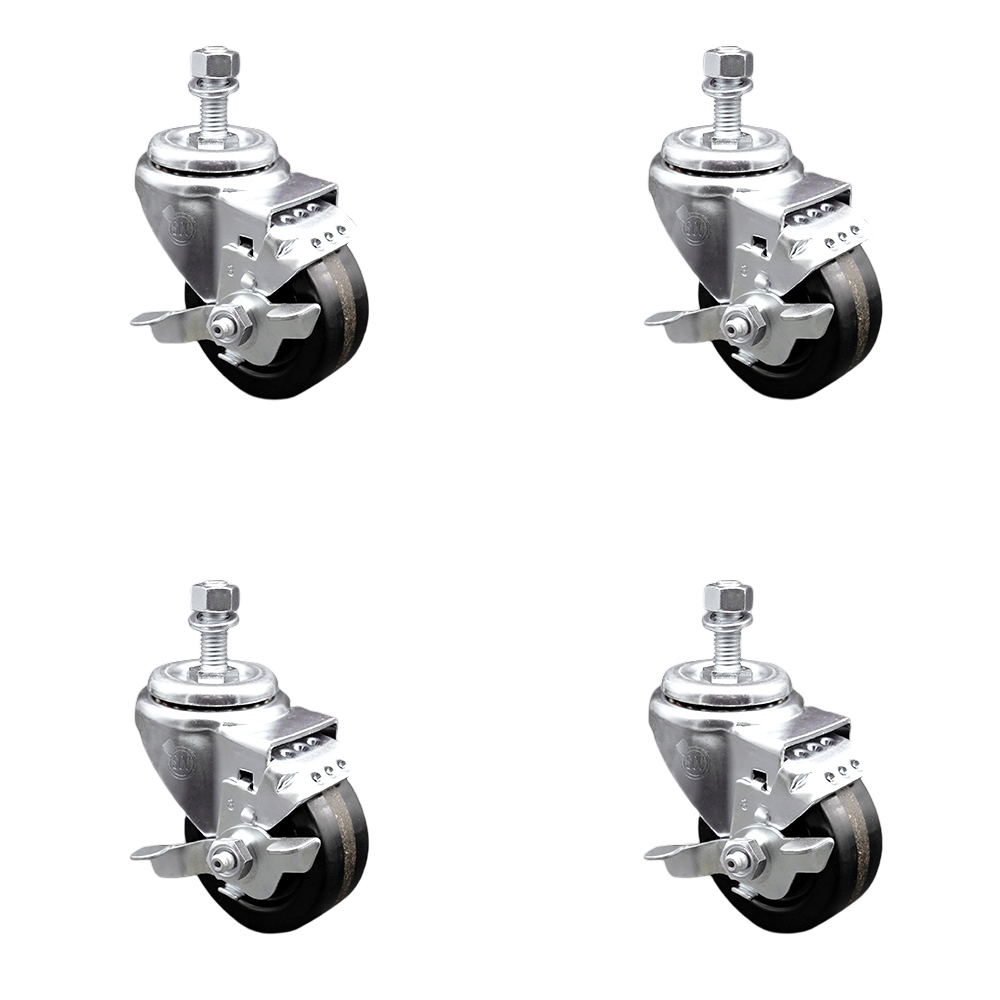 Stainless Steel Phenolic Swivel Threaded Stem Caster Set of 4 w/3.5" x 1.25" Black Wheels and 3/8" Stems - Includes 4 with Top Lock Brakes - 1200 lbs Total Capacity - Service Caster Brand — photo 1