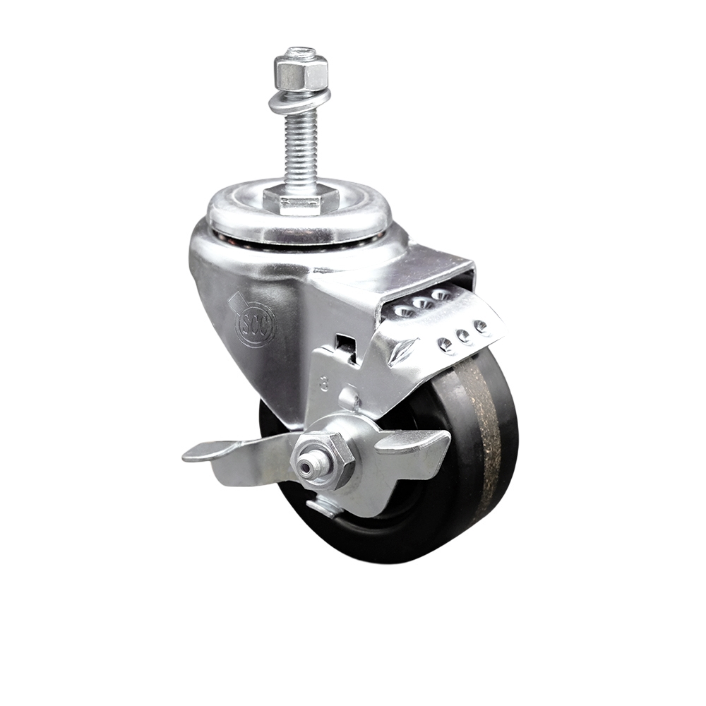 Stainless Steel Phenolic Swivel Threaded Stem Caster w/3.5" x 1.25" Black Wheel and 3/8" Stem & Top Locking Brake - 300 lbs Capacity/Caster - Service Caster Brand — photo 1