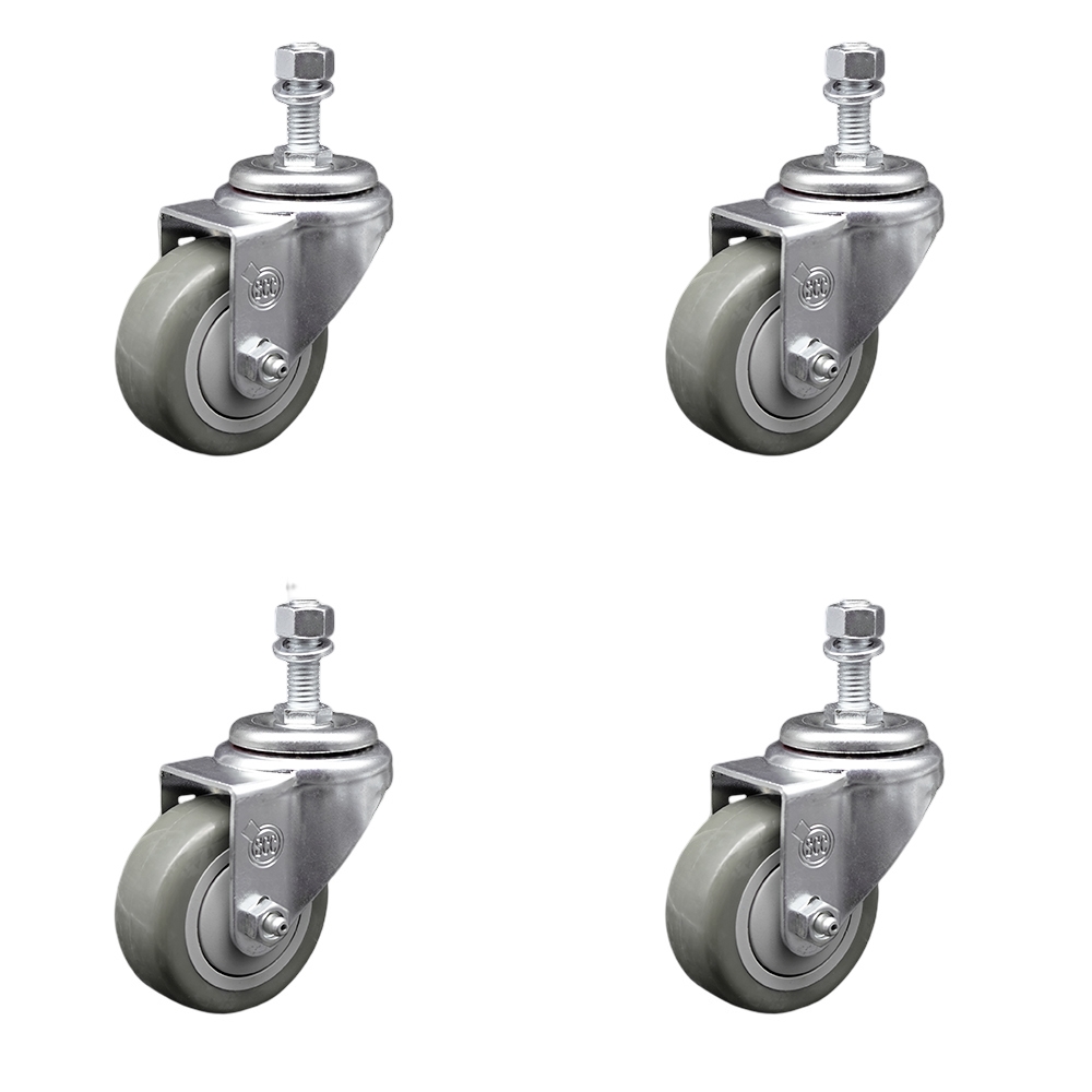 Stainless Steel Polyurethane Swivel Threaded Stem Caster Set of 4 w/3.5" x 1.25" Gray Wheels and 1/2" Stems - Includes 4 Swivel - 1200 lbs Total Capacity - Service Caster Brand — photo 1